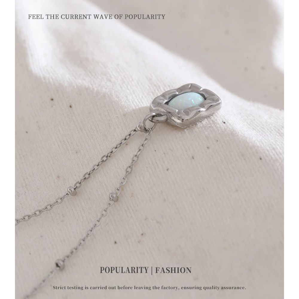 NiNice Necklaces for Women Stainless Steel Jewelry Imitation Australian Opal Rectangular Pendant High Quality Fashion Gift New