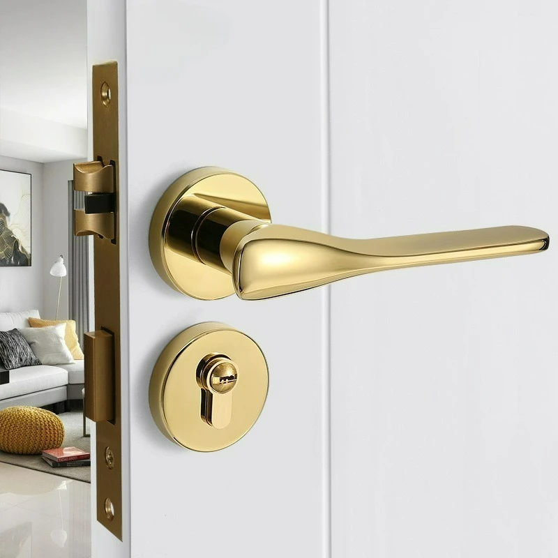 Modern Zinc Alloy Gold Door  Handle Lock for Home Interior Doors, Silent Lock Body, Mechanical Split Lock