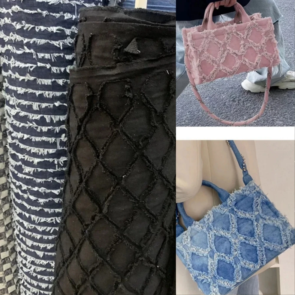 

Denim Fabric Double Layered Diamond Pattern Embroidery Tassel Pure Cotton Material for Clothing Designer Handmade Diy Sewing