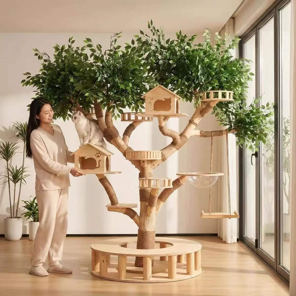 Large cat tree cat climbing frame, integrated solid wood real trunk, wear-resistant and non-sticky pet jump platform