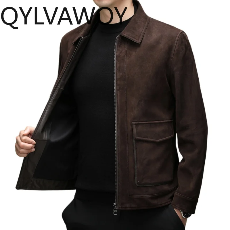 

QYLVAWOY Premium Leather Jacket Men Suede Coats Lapel Vintage Jacket Leather for Men Autumn Winter Genuine Leather 가죽점퍼 Fashion