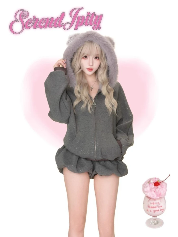 Japanischer Preppy-Stil Damen-Anzug Lolita Y2k 2-teiliges Set Plüsch-Kapuzenjacke + Glänzende Shorts Koreanische Mode Kawaii Outfit