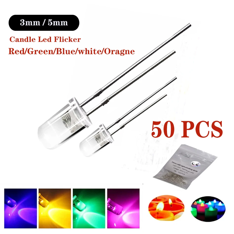 50PCS DIP 3mm 5mm Candle Led Flicker Orange Yellow Light Flickering Leds Flash Blink Led Diode Intermitente Light Lamp Flicker