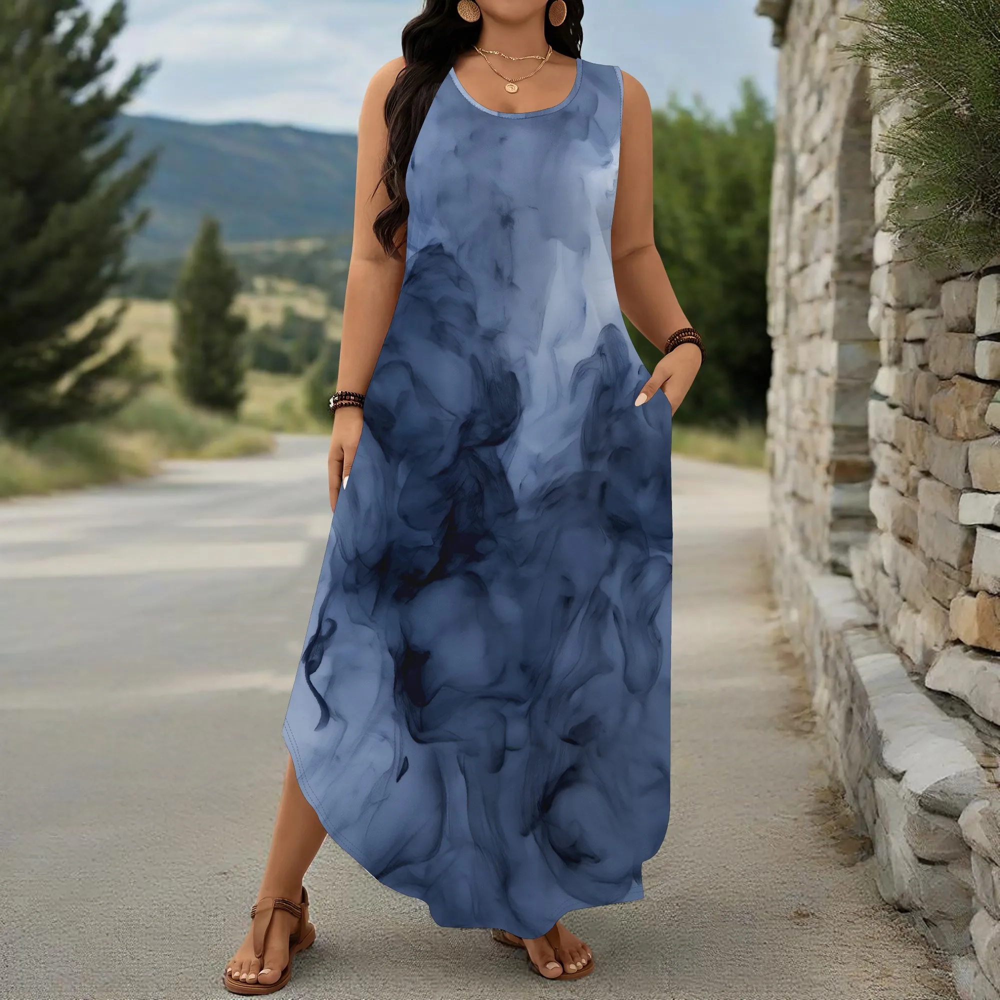 Gaun Tanpa Lengan Ukuran Besar Poliester Bunga Wanita Malam Pesta Biru Pudar