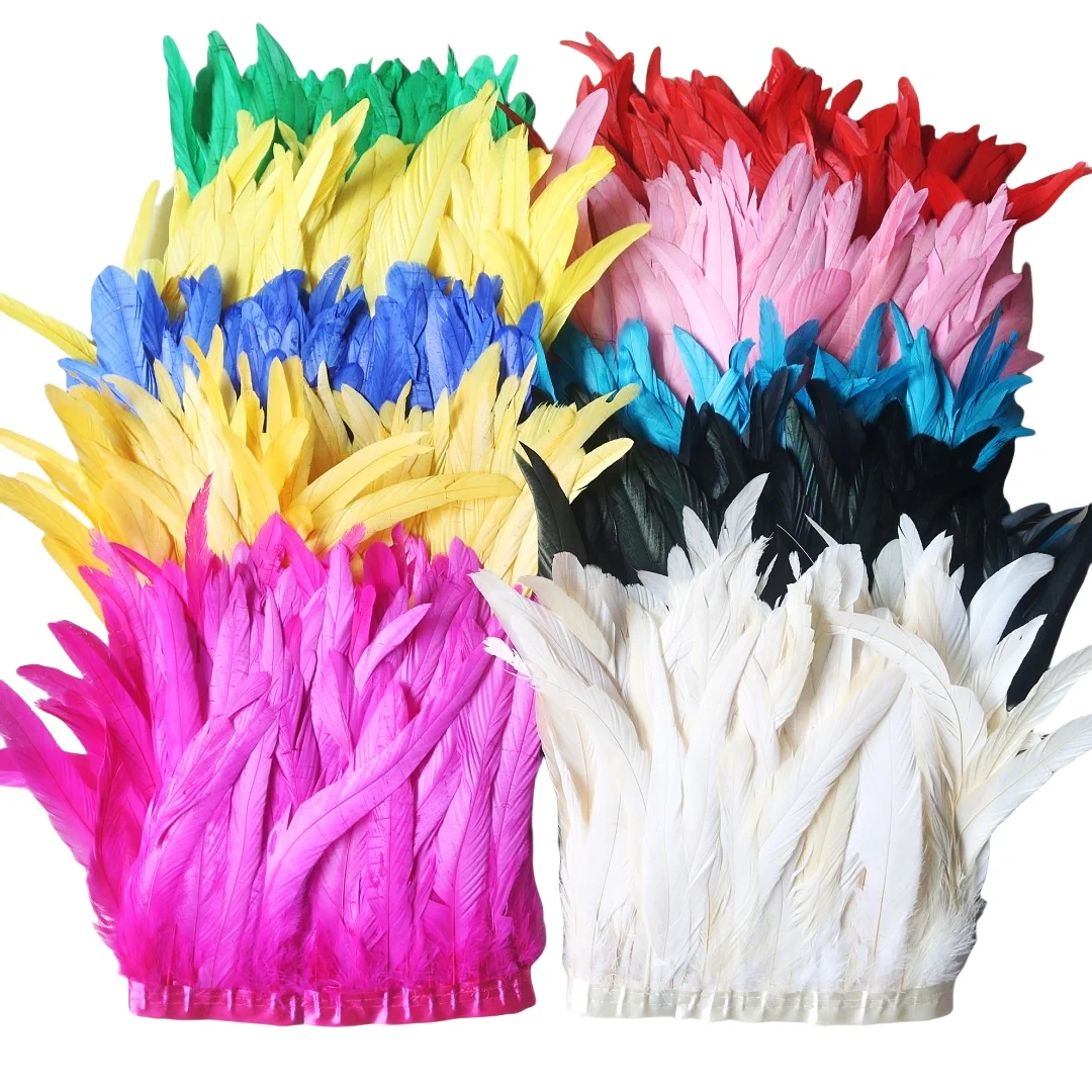 

10meter Colored Rooster Tail Feather Tassel Trim Wedding Party Dress Handicraft Accessory Dyed Cock Plumes Ribbon Skirt Craft