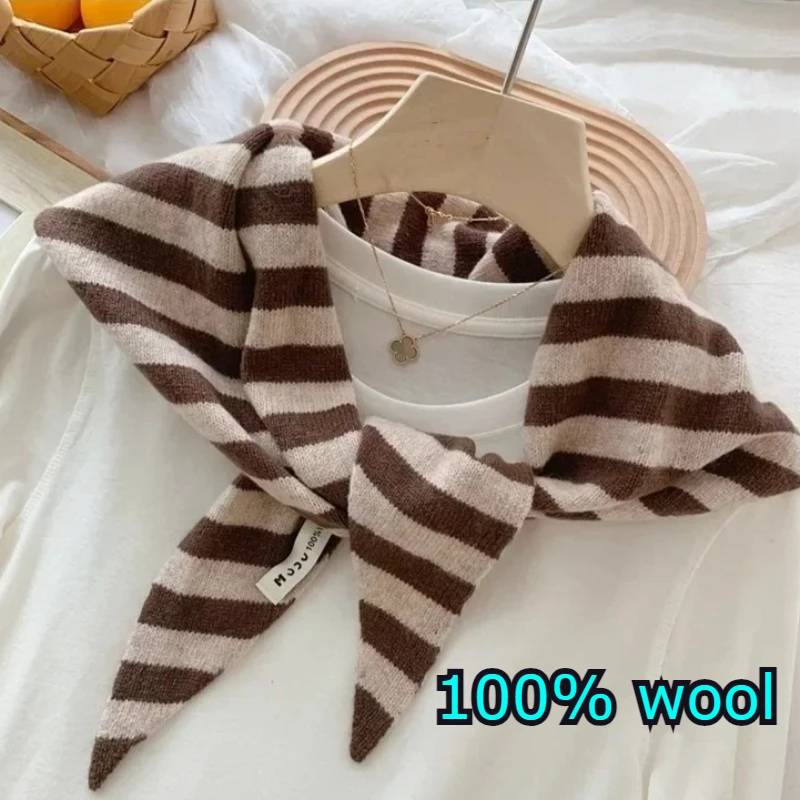 Korean Stripe Triangle Scarf 100% Wool Triangular Scarf Men Women British Niche Headscarf Knitted  Multi-functional Warm Scarf