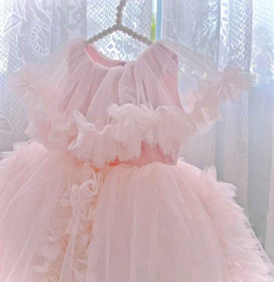 Pink Soft Tulle Baby Girls First Birthday Dress Wedding Flower Girl Dress Infant Toddler Tutu Outfit 12M 24M Christmas New Cloth