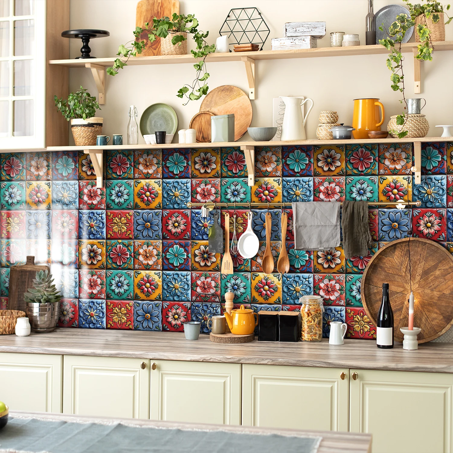 

12pcs/Set Artistic Flower Brick Wall Stickers Room Decoration Waterproof And Oil Resistant Kitchen Tile Stickers Self-Adhesive