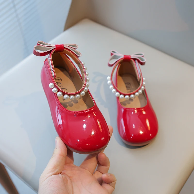 Toddler Girls Pearl Mary Jane Dress Shoes, Glossy Patent Leather Bow Decor Princess Flats, Little Kids Party Shoes