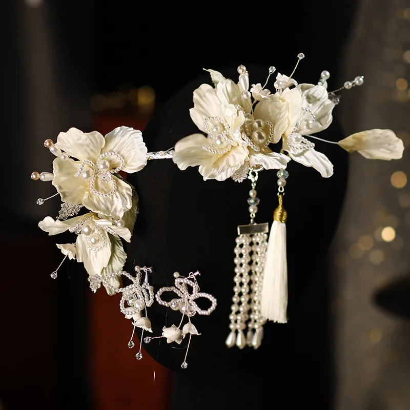 جديد النمط الصيني اليدوية البيج زهرة الزفاف غطاء الرأس الصباح العباءات الكلاسيكية شرابة دبوس الشعر ماكياج اكسسوارات مجموعة