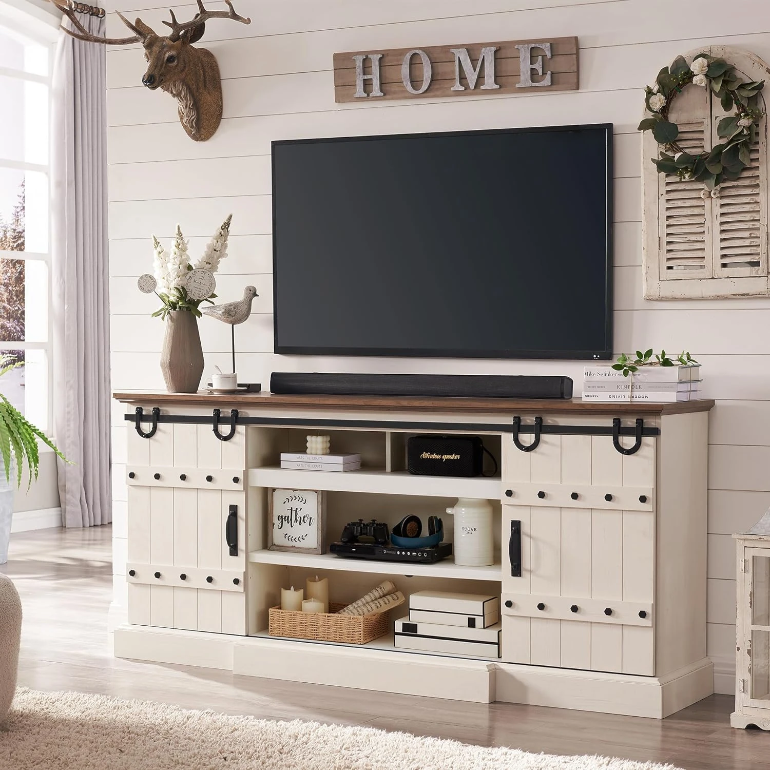 Farmhouse TV Stand for TVs Up to 85 Inches, Large Rustic Entertainment Center with Sliding Barn Door, Tall Highboy