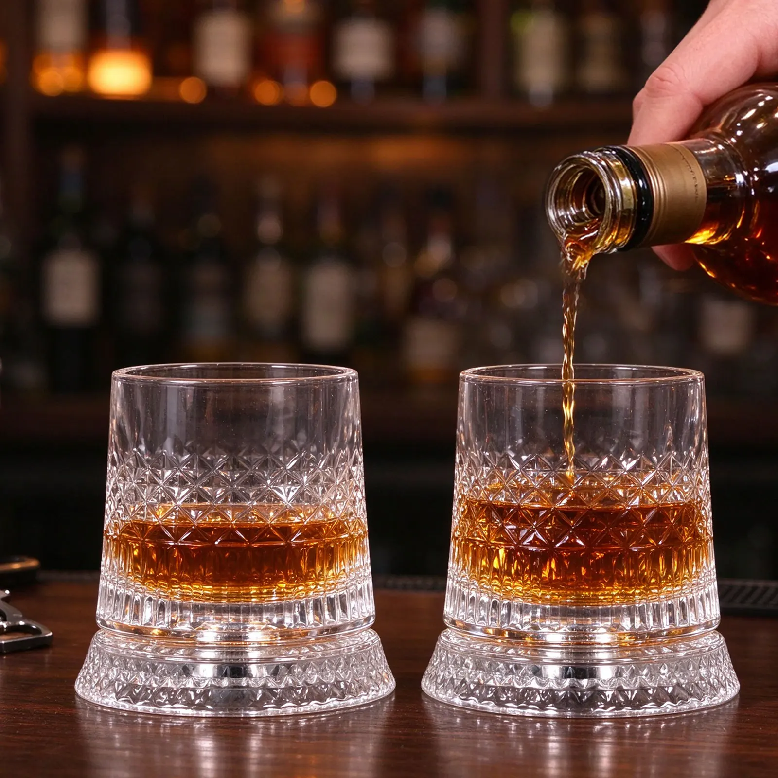 2Pcs 280ml Rotating Whiskey Glass 360° Crystal Rum Glass Relief Liquor Cup With Base for Cocktail Party Drinking Exquisite Gift