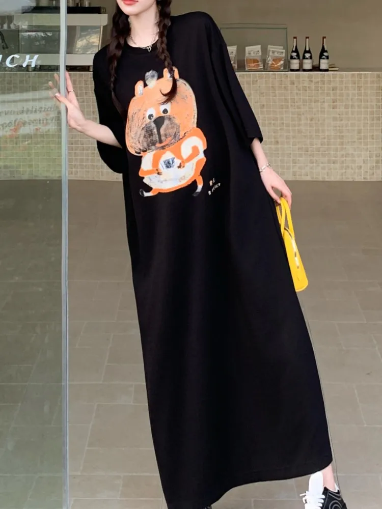 ルーズカジュアル韓国スタイル半袖 Tシャツドレス女性のロングサマードレスルーズスリットラウンドネックミディレディースドレス