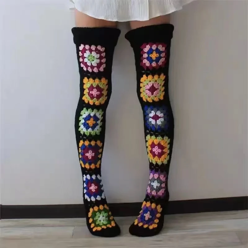 

Womens Autumn Winter Thigh Socks Extra Long Ethnic Crochet Knit Stockings Over Knee Socks Hot Sale