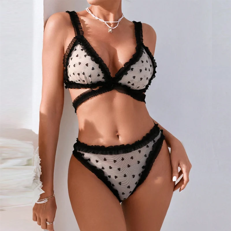 

Sexy Lingerie Heart Polka Dot Mesh Underwear Sexy Girl Cute Ruffles Bra and Panties Sets See Through Lingerie No Wire Bra Sets