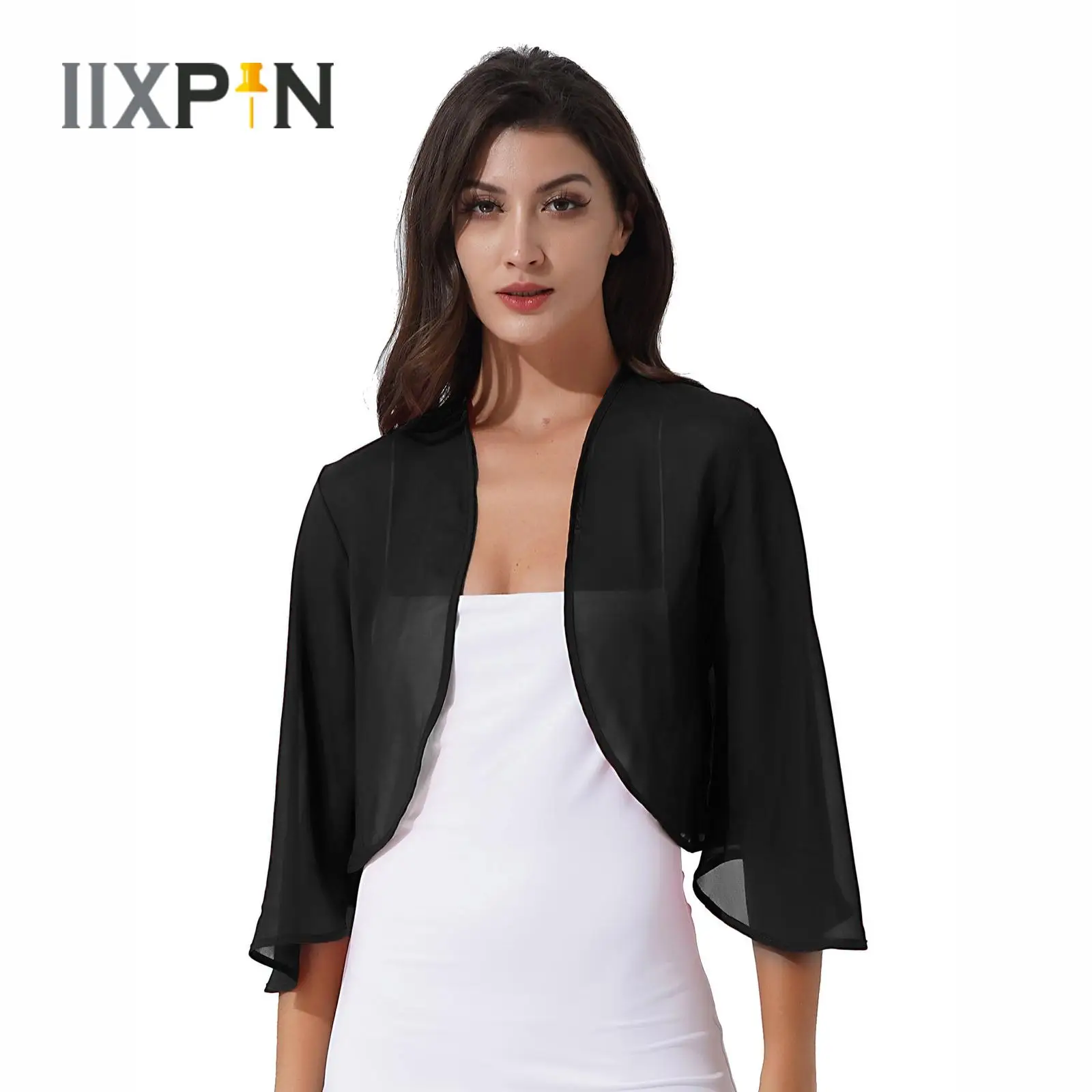 

Womens Chiffon Wedding Capes Cardigan Bolero Jacket 3/4 Flare Sleeve Solid Color Evening Party Bridal Dress Cover Up Wraps Shawl