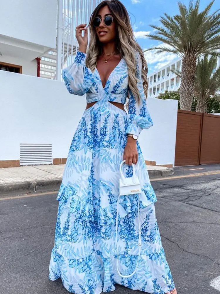 

Women Sexy Maxi Dress 2022 Summer V-Neck Backless Hollow Out Lantern Sleeve Club Party Long Dresses Female Tunic Beach Cover Up