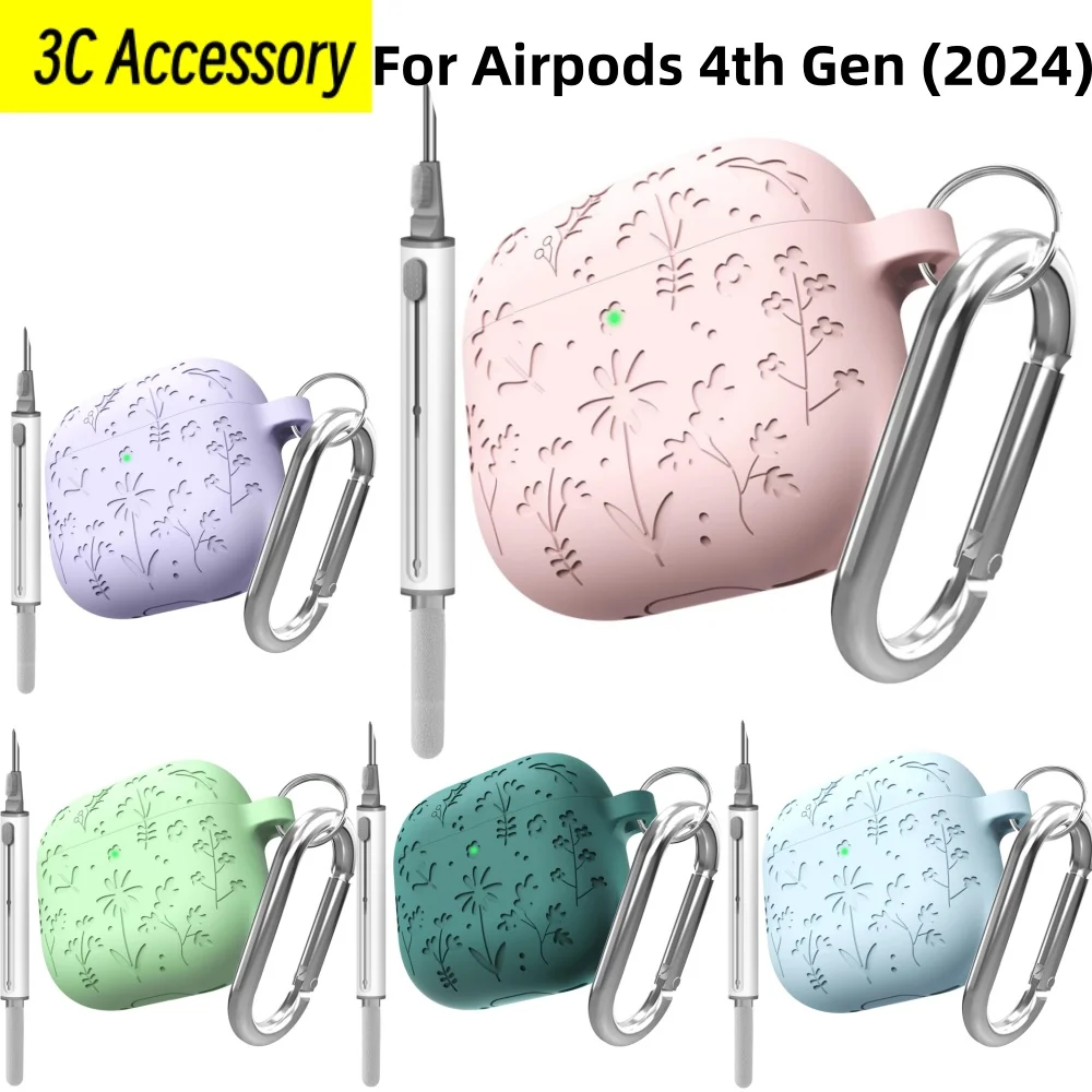 2024 New For Airpods 4th Generation USB-C Cover Flower carving Liquid Silicone Protective soft Cases For Airpods 4th Cover Funda