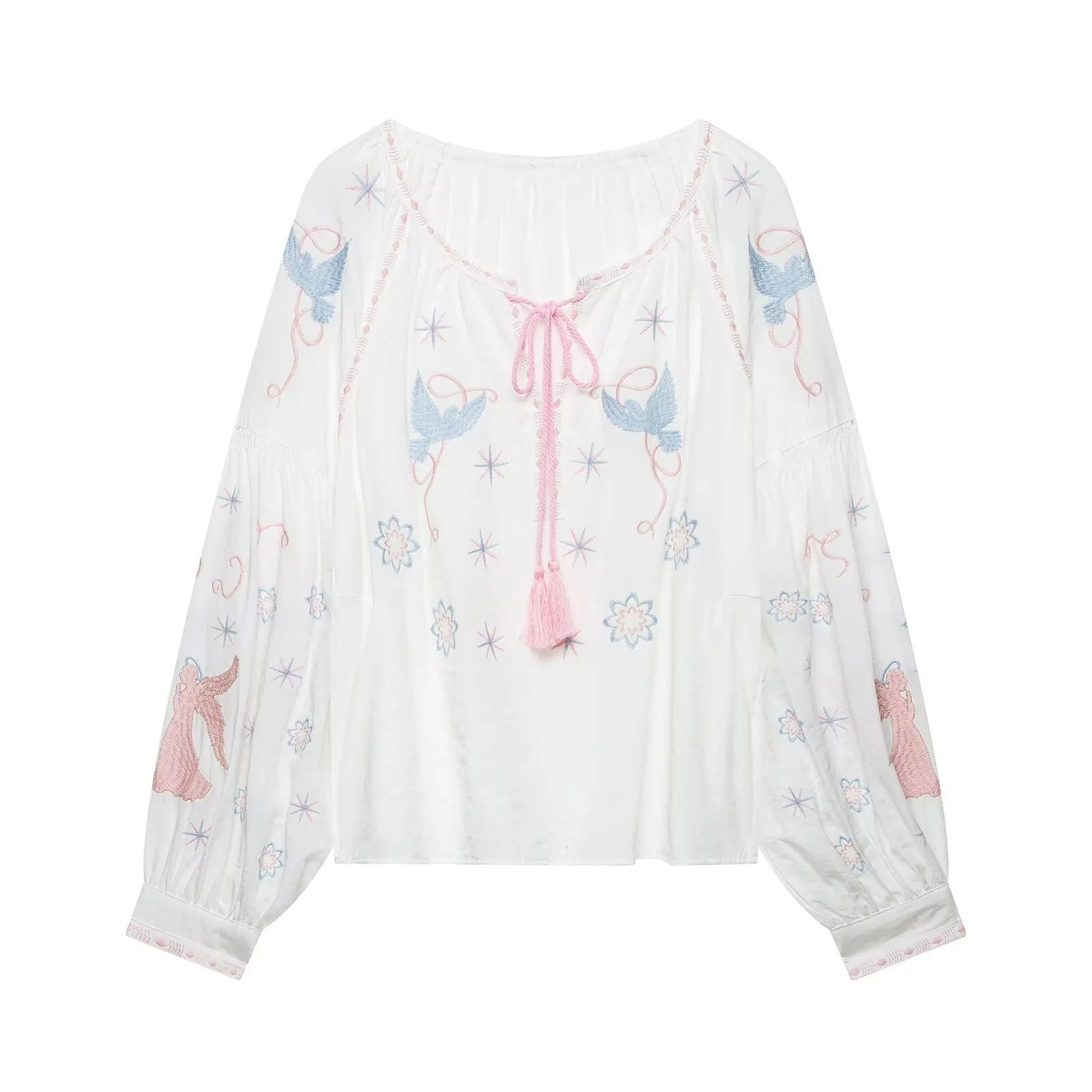 Women's 2026 New Summer Fashion Personality Versatile Sweet Style Lantern Sleeve Tassel Embroidered Top