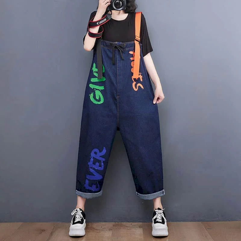 Denim Jumpsuits for Women Printed Streetwear Harem Pants Vintage One Piece Outfit Women Clothing High Street Loose Casual Romper