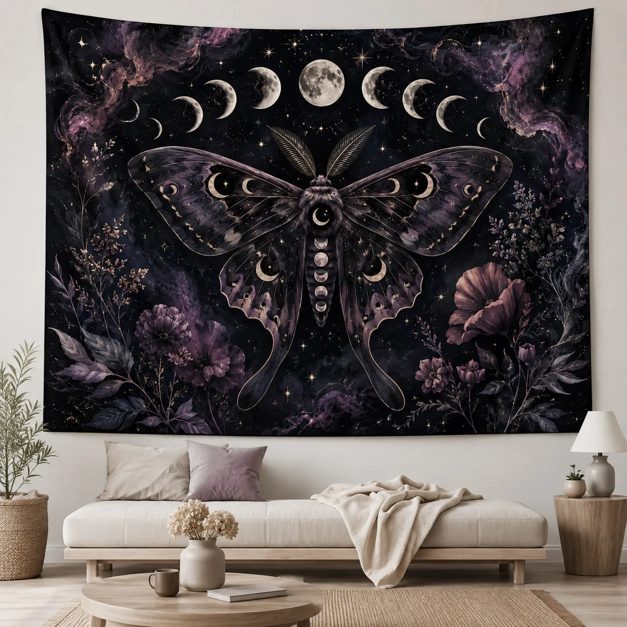 Luna Moth Tapestry Moon Phase Floral Wall Hanging Gothic Celestial Witchy Boho Tapestry for Bedroom Dorm Living Room Home Decor