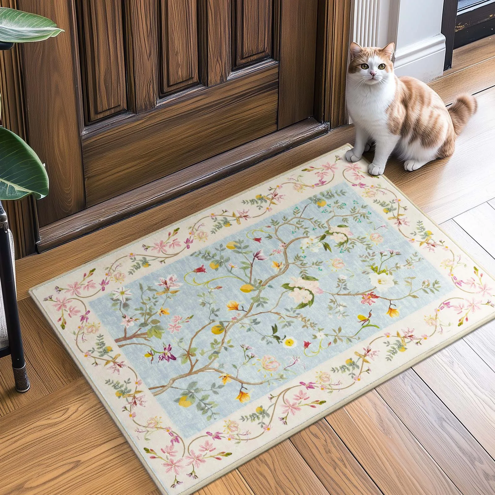 Vintage Floral Area Rug Botanical Print Rectangular Floor Mat Non-Slip Indoor Carpet for Living Room Bedroom Home Decor