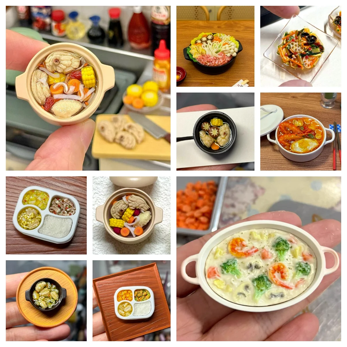 

1:6 Handmade Miniature Food, Realistic Dollhouse Fast Food: Bento Box, Cheesy Fries, Soup, Dumplings for DIY Kitchen Accessories