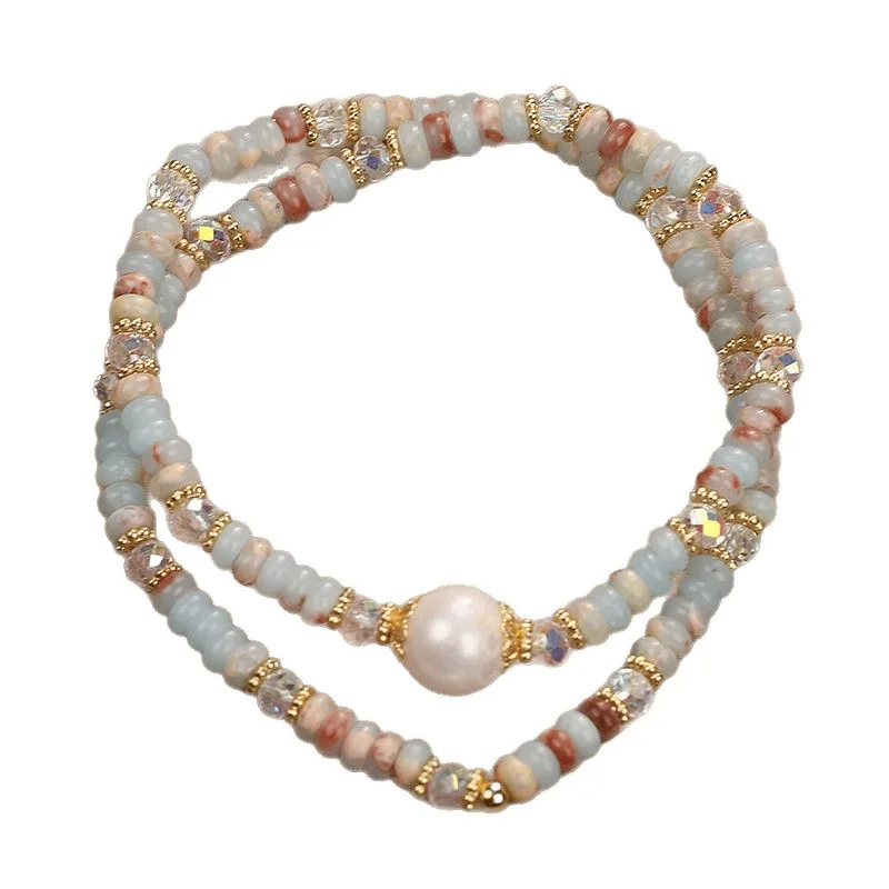 

Natural Shoushan Stone Double Circle Freshwater Pearl Vintage Bohemian Bracelet
