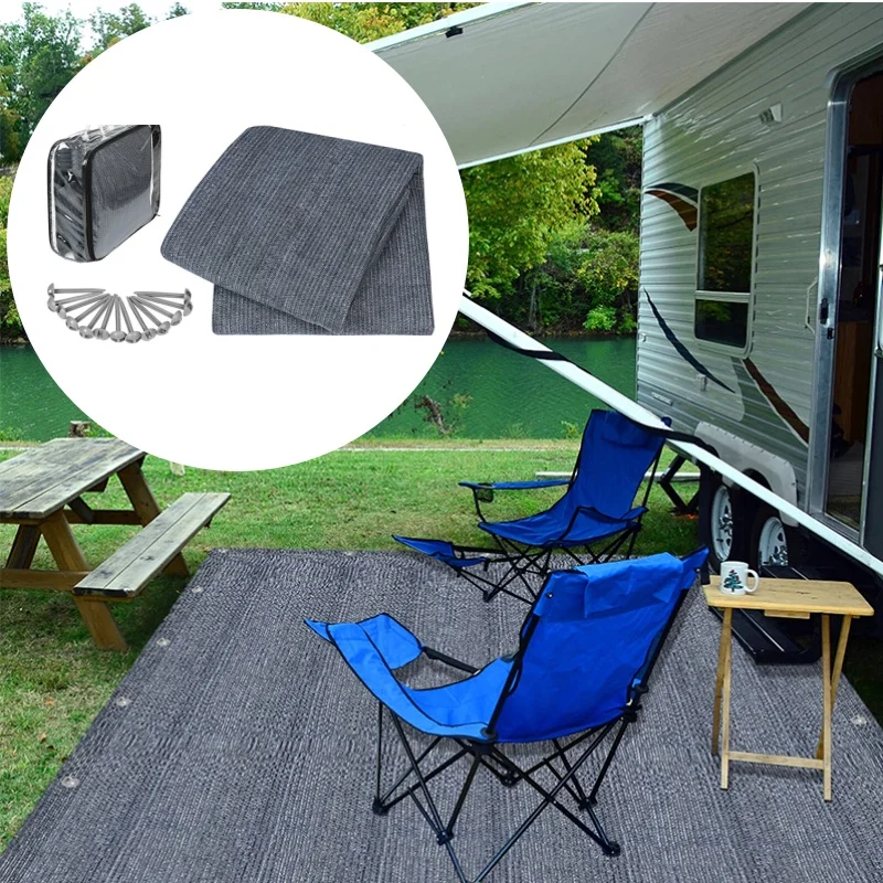 

Outdoor Camping Tent Floor Awning Carpet Kits For RV Camper Caravan 240g HDPE Camping Blanket Rug With Loops Nails 2.5x3m