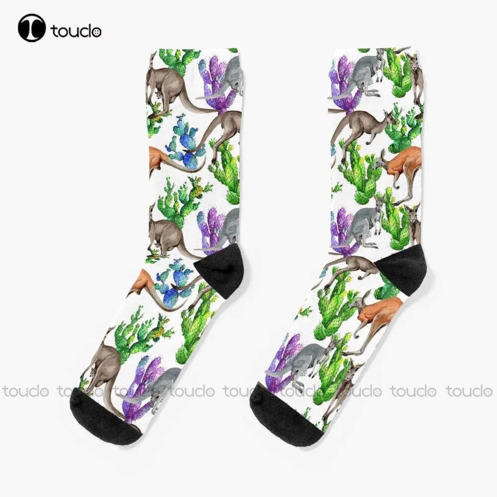 Watercolor Kangaroo Multicolor Cactus Socks Yellow Socks Personalized Custom Unisex Adult Teen Youth Socks 360° Digital Print