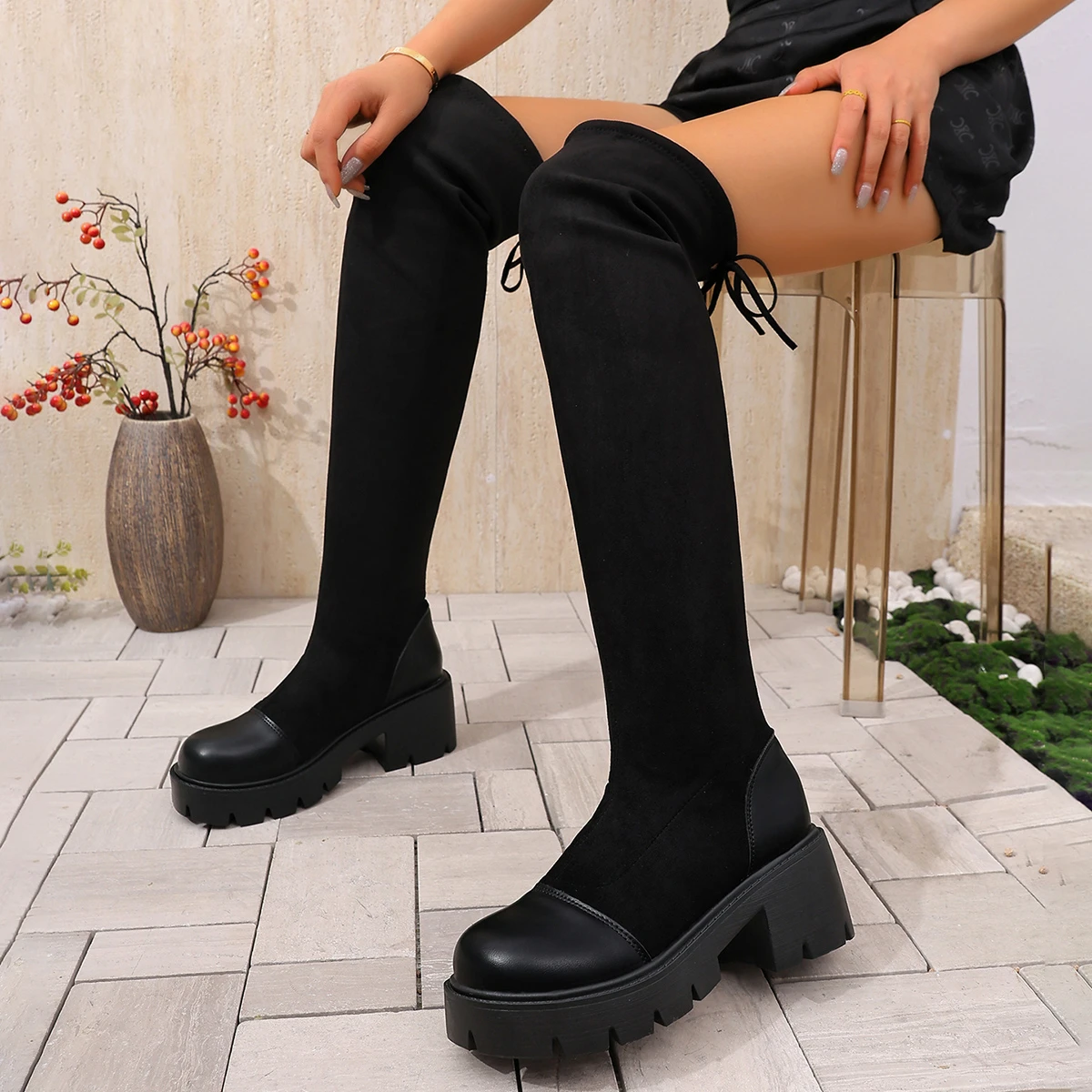 Botas de tubo largas elásticas versátiles Retro para mujer, botas