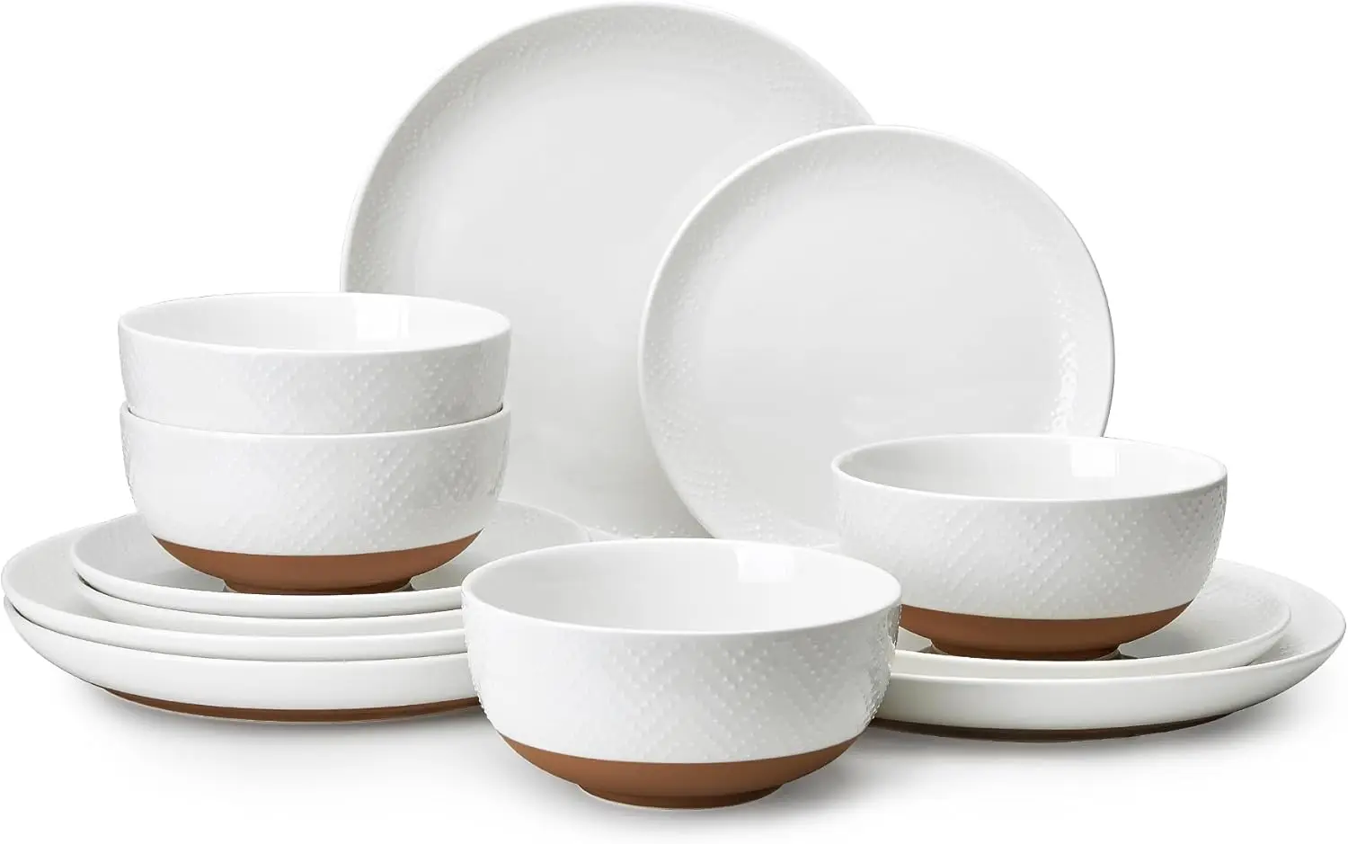 

Porcelain Dinnerware Sets for 4, 12 Pieces Handcrafted Embossed Plates and Bowls Set with Rustic Terracotta Underside, Scratch R