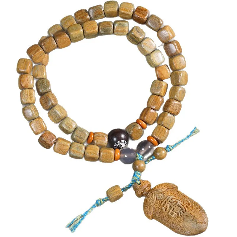 Natural Green Sandalwood Cube Beads DIY Bracelet Unisex Double Circle Rosary Cultural Jewelry Holiday Gift