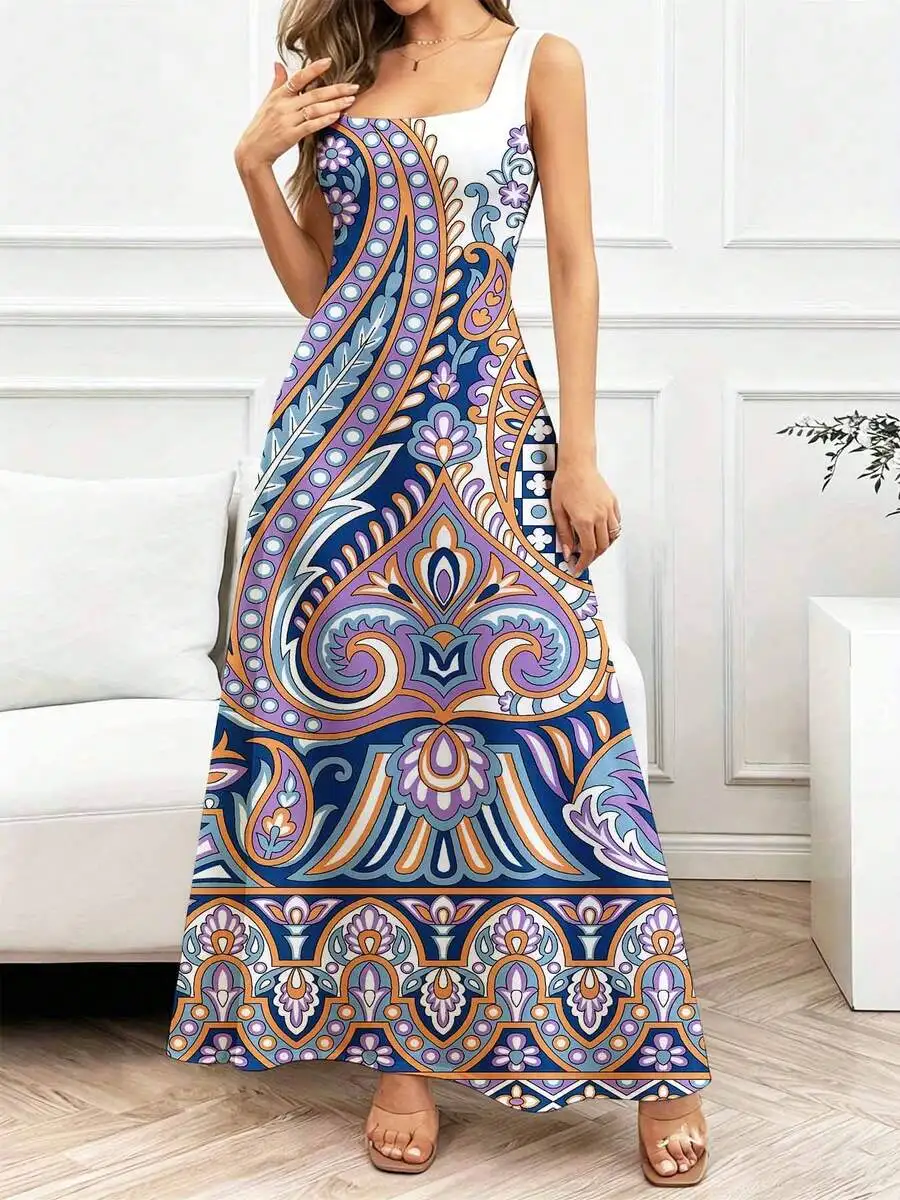 

Boho Paisley Print Sleeveless Square Neck Maxi Dress For Women Casual