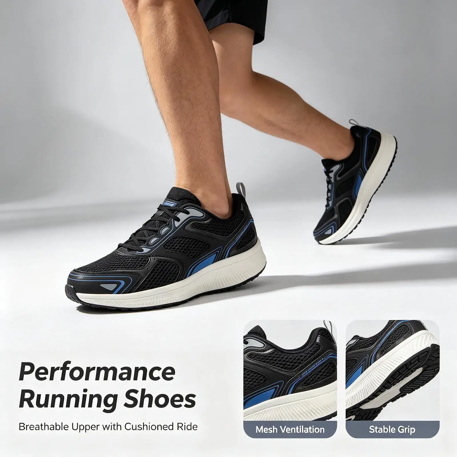 Популярные мужские кроссовки Skechers 220036-BKBL черно-синие, дышащие, с легкой амортизацией, нескользящие, для бега и ходьбы.