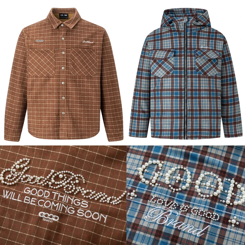 

Трендовая брендовая куртка GOODBRAND, осенне-зимняя повседневная клетчатая толстовка с жемчужной вышивкой, хорошие куртки