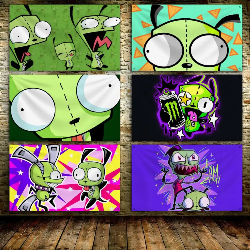 ZIMAnime I-Invader Z-Zim Flags Custom Wall Hanging Background Art Banner For Bedroom Home Living Room Outdoor Decor