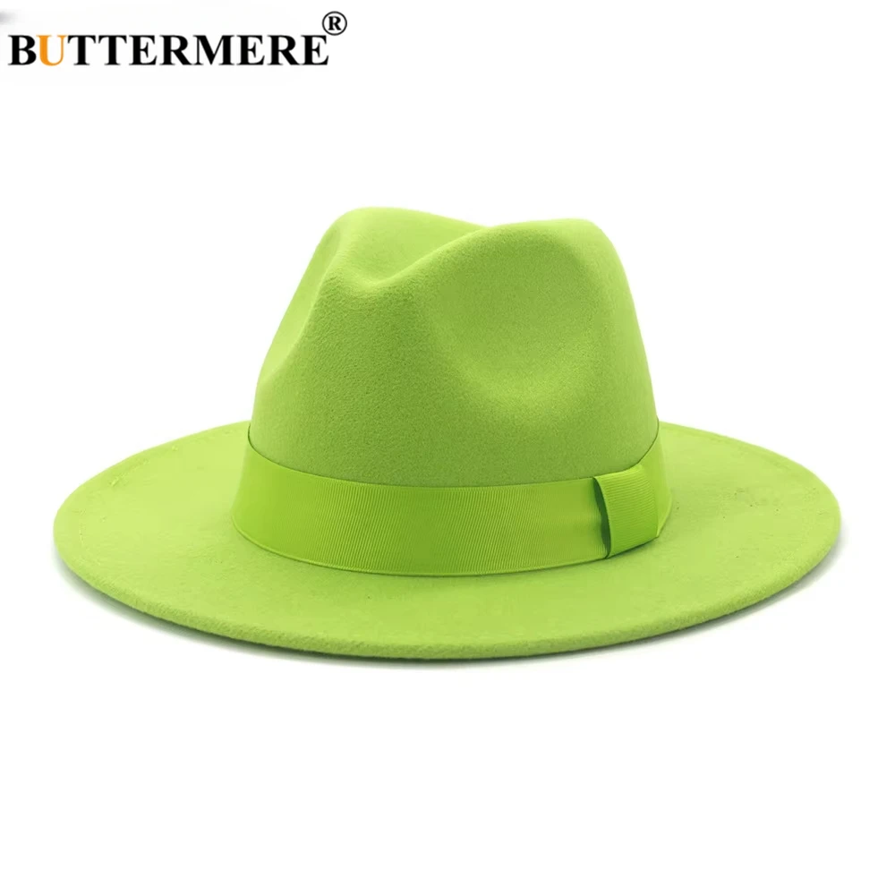 

BUTTERMERE Green Felt Jazz Fedora Hats Men Women Wide Brim Bright Color Trilby Fashion Design Solid Dress Hat Yellow Purple Red