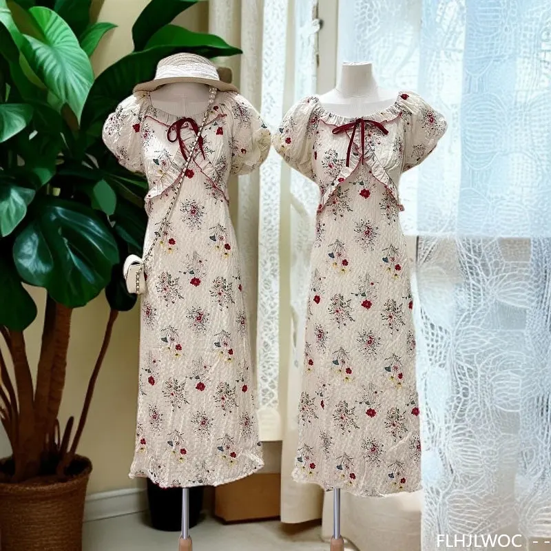 Retro Vintage Ruffles Long Dresses Mori Girls Village Rural Summer Holiday Date Flower Floral Red Cute Sweet Bow Tie Shirt Dress