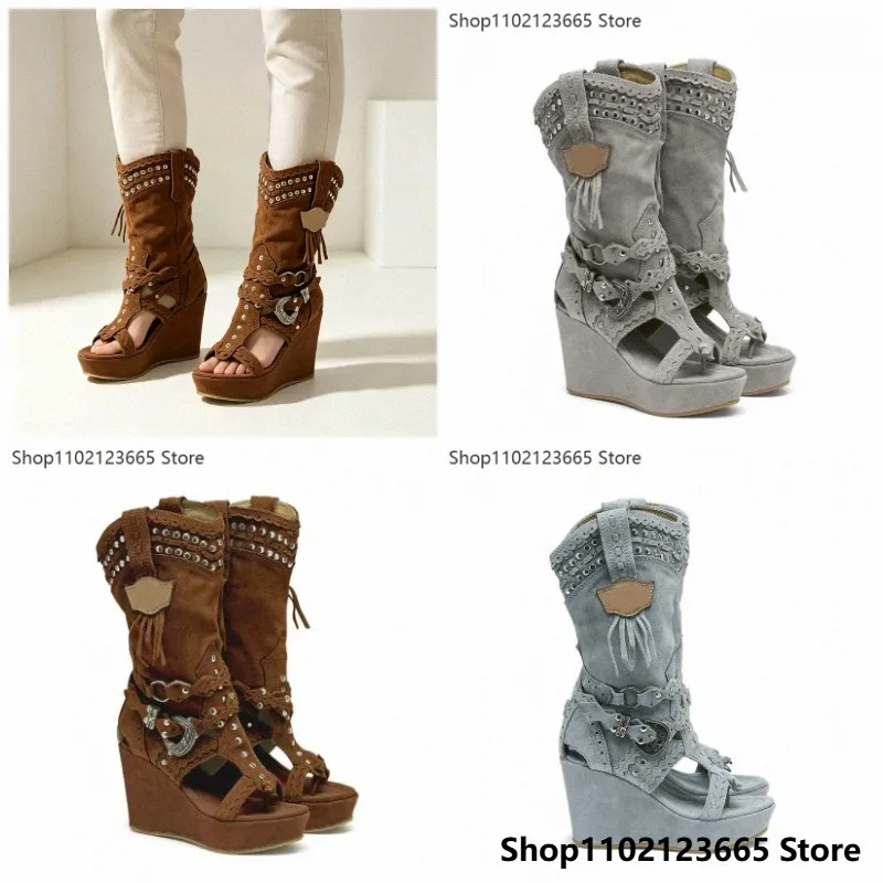 Women Round Toe Wedge Heel Cowboy Boots Side Zipper Large Size Pu Leather Elegant Casual Western Cosplay Party Costume Footwear