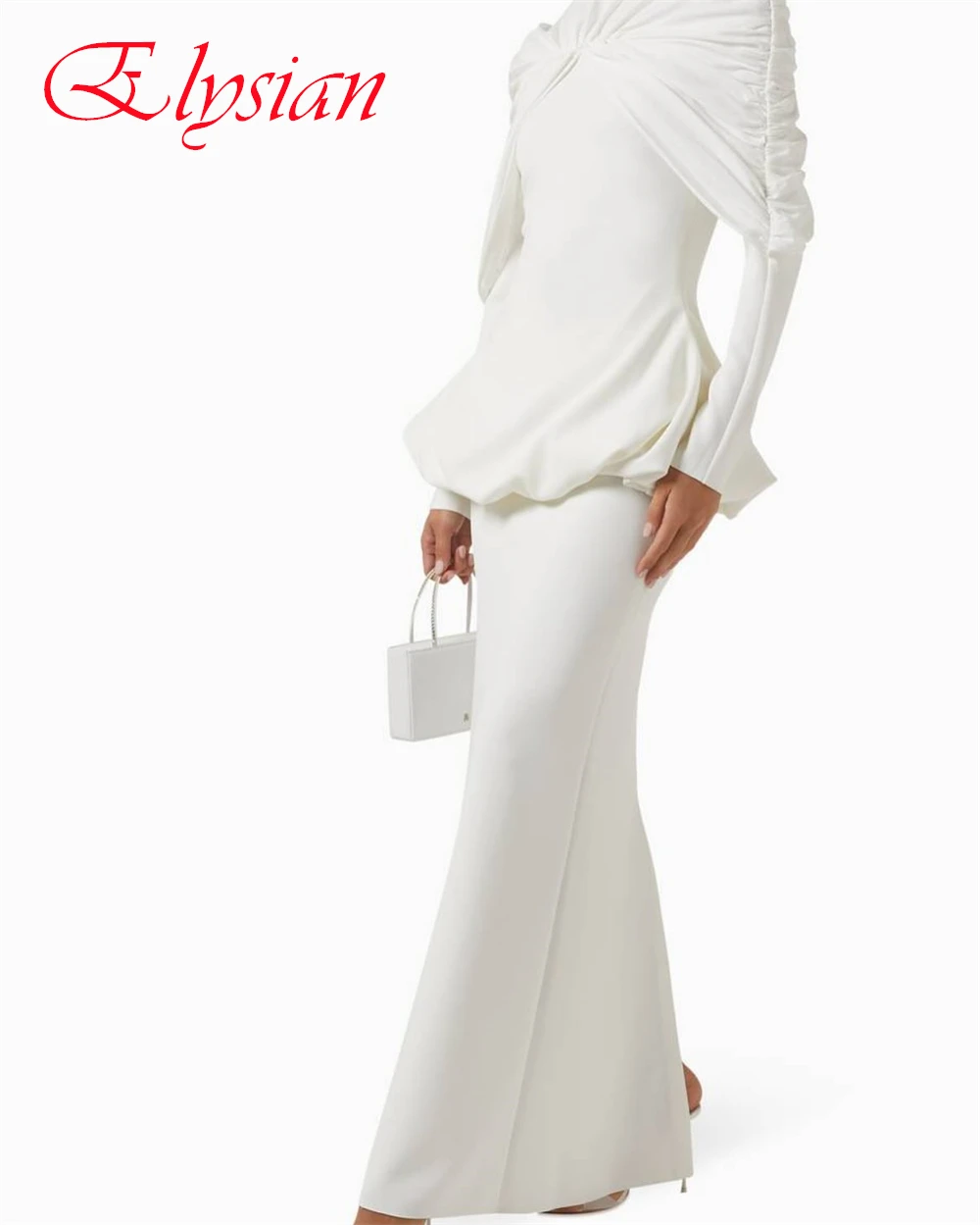 

Customized Elegant Graceful White Satin Evening Dress Temperament Crew Neck Long Sleeves Zipper Back Special Occasion Gowns