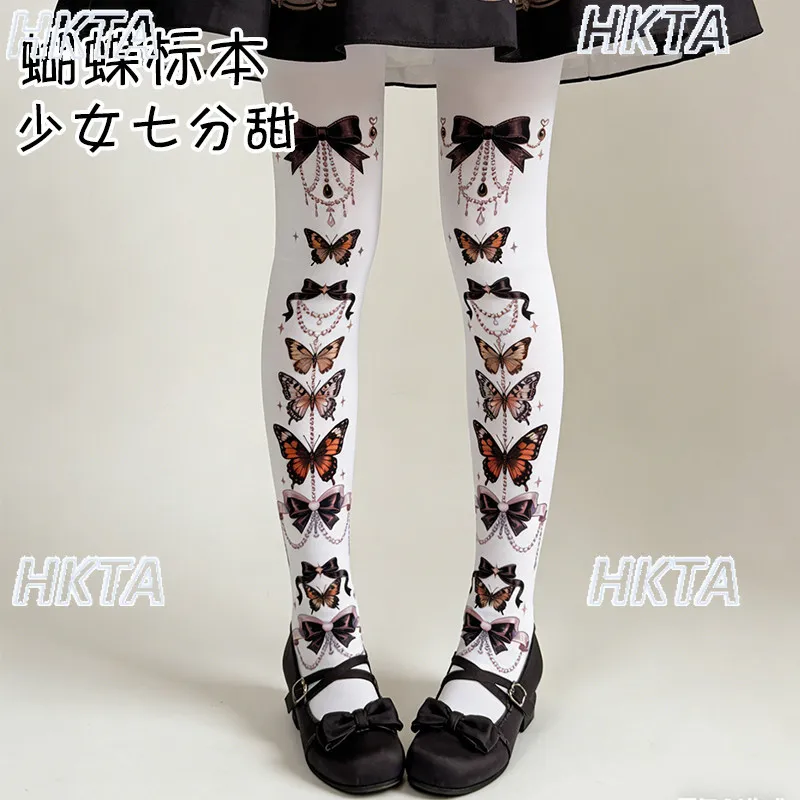 

Original Lolita Pantyhose Sweet Butterfly Specimen Elegant Print Stockings 120d Tights Women's Fashion Versatile White Stockings