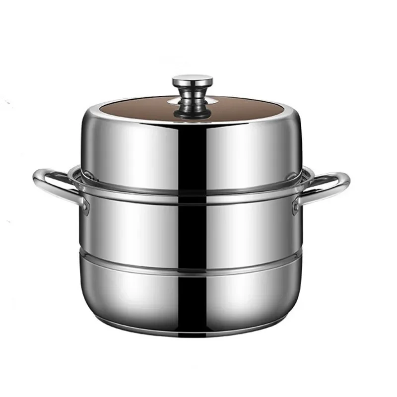 Factory direct sales cross-border thickened stainless steel steamer, double layer soup pot, household three-layer steamer, induc