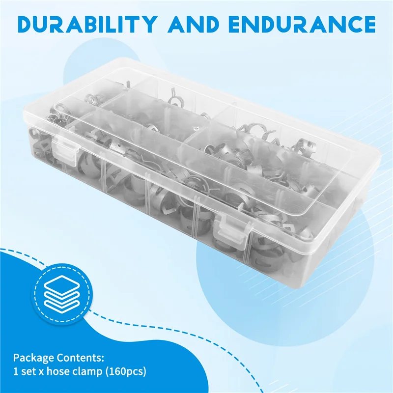 AB11-Hose Clamps Variety Pack: 160-Piece Set, Sizes 6.5 To 18Mm With Screwdriver Included