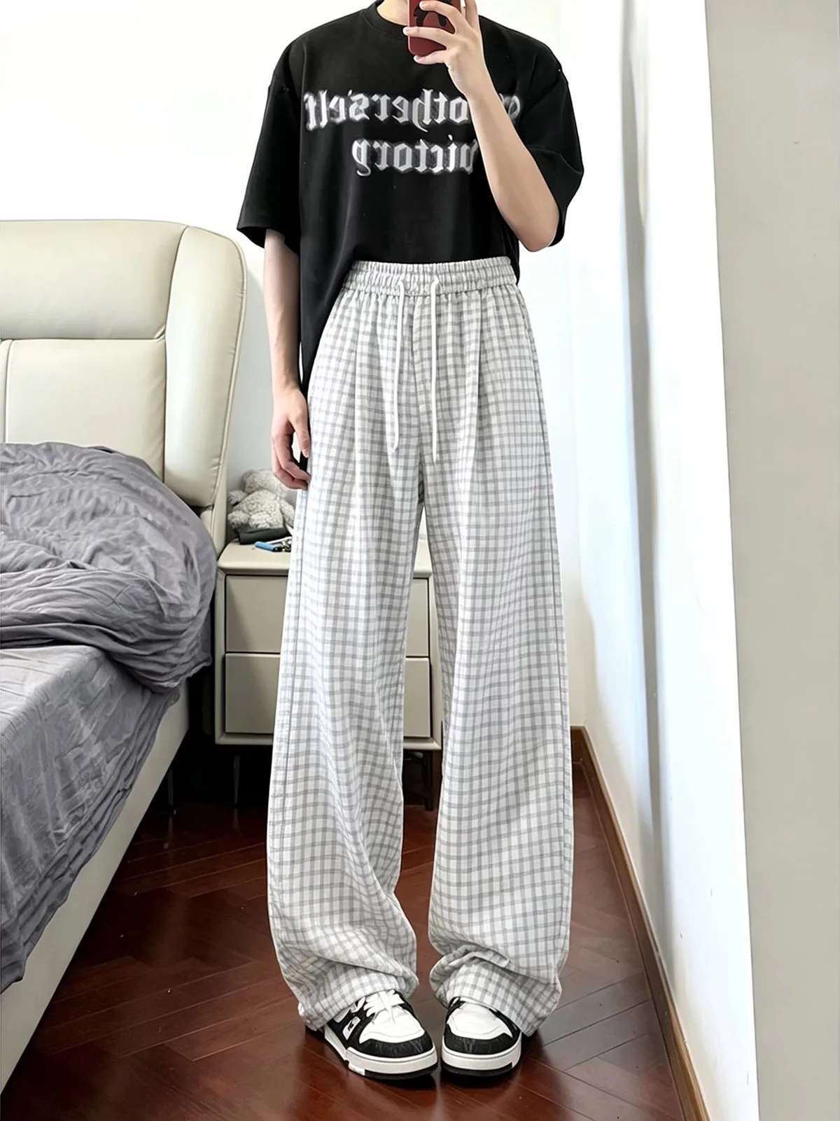 Loose Vintage Straight Leg Bubble Cloth Casual Pants Men's Thin Wide Leg Loose Feeling Summer Trousers Casual Style Checkered...