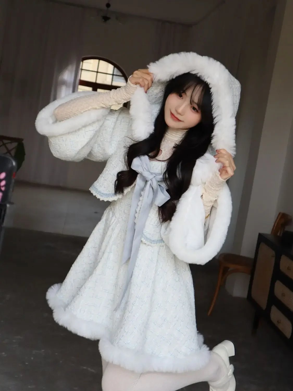 Coalfell Autumn Winter Light Blue Elegant Dress Plush Set Bow Cloak Lace Up Coat+Suspended One Piece Dress Fluffy Skirt Women