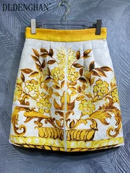 DLDENGHAN Summer Vintage Skirt Women's High Waiste Yellow Floral Print Mini Skirt Fashion Designer New