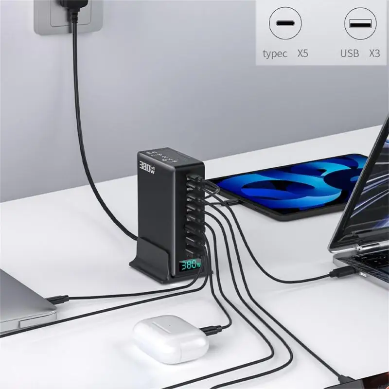 Y5LA 380W Charging Station 8 Port Featuring 5 Type C And 3 USB A Port Power Adapter For Efficient Device Charging