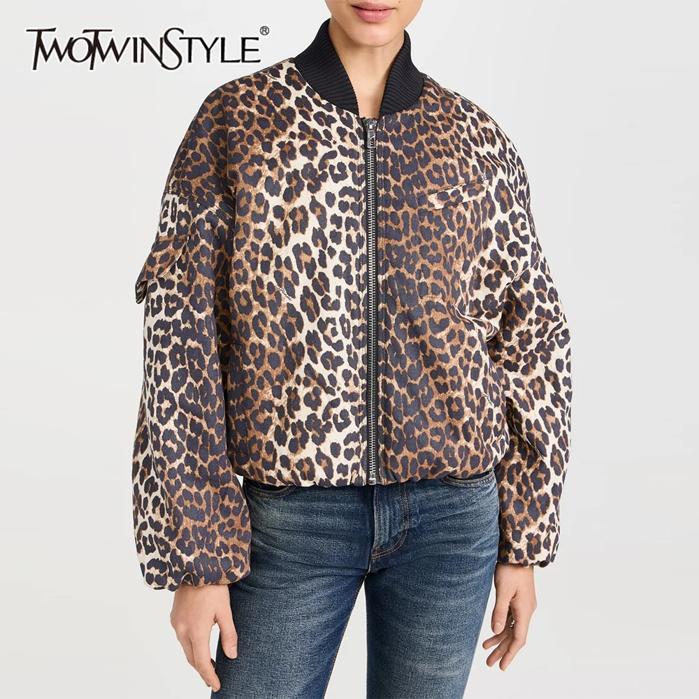 TWOTWINSTYLE Leopard Spliced Zipper Jackets for Women Stand Neck Long Sleeve Minimalist Casual Coat Female Fashon