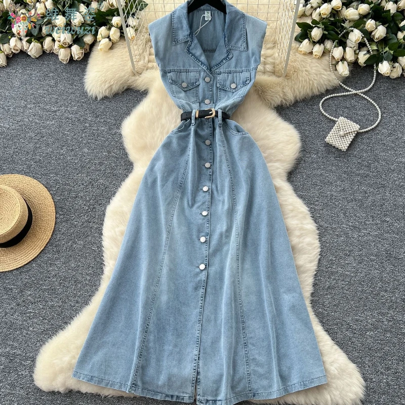 

Elegant Sleeveless Denim Dress Women with Belt Summer retro Single Breasted Design Party Long Jeans Dress Classic Evening Dress